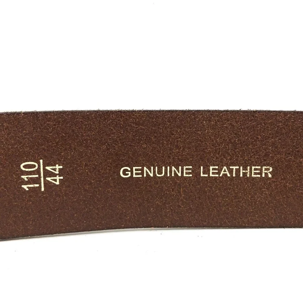 Fossil EVAN Leather Belt Mens Size 44 Logo Patch Brown Full Grain Cowhide
